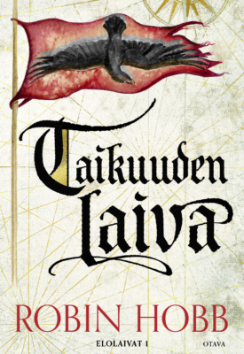 Taikuuden laiva -kirjan kannessa on punainen lippu, jossa on iso musta lintu. Taustalla on kartan viivoitusta.