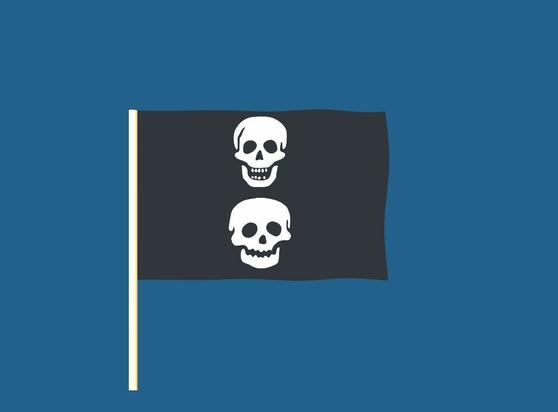 A randomly generated pirate flag. Elements of the flag may include skeletons, skulls, pirates, crossed bones, hourglasses, hearts, and swords.