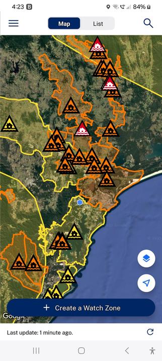 Map of an area of part of the east coast of NSW, Australia showing the area of flood affected parts of the area, including where I live.