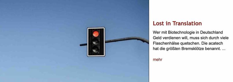 Foto einer Ampel vor blauem Himmel, die auf Rot steht. Rechts daneben Überschrift "Lost in Translation" des im Post verlinkten Artikels, gefolgt von dessen Vorspann.