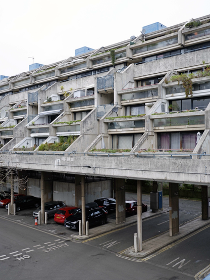 A colour photograph of the terrace of flats at the Alexandra Road estate.
