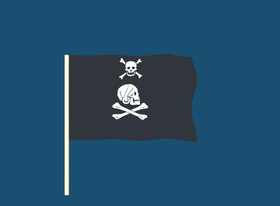 A randomly generated pirate flag. Elements of the flag may include skeletons, skulls, pirates, crossed bones, hourglasses, hearts, and swords.