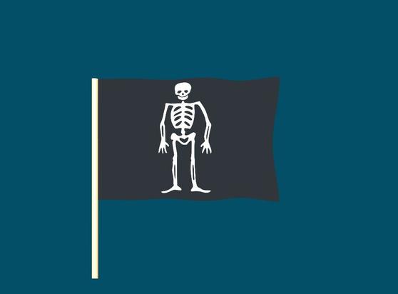 A randomly generated pirate flag. Elements of the flag may include skeletons, skulls, pirates, crossed bones, hourglasses, hearts, and swords.
