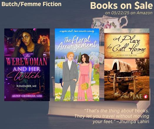 Book covers on a rippled dark blue background with a teapot sitting on top of a faded stack of books for butch/femme sapphic fiction Books on $ale on 05/22/25 on Amazon.
