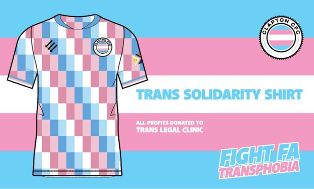 Image of a pink, blue, and white horizontally-striped Claption CFC goalkeeper's jersey.