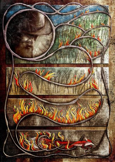 Stylized illustration inspired by the fable, The Farmer and the Fox, done in an Art Nouveau manner, with muted paint and canvas textures in browns, blues, and greens. A portrait of a farmer in a hat in shadow is in the upper left, with raised flaming filigree trailing down toward the bottoms where it wraps around the image of a running fox. Symbolic wheat sheaves are apparent throughout the image.