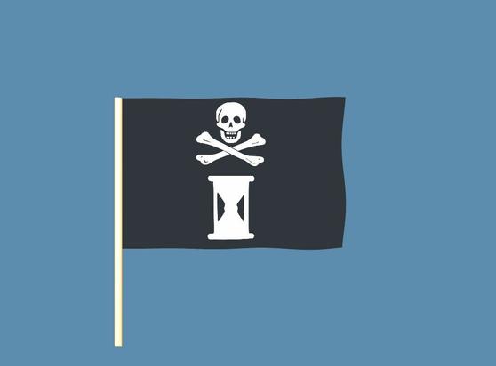A randomly generated pirate flag. Elements of the flag may include skeletons, skulls, pirates, crossed bones, hourglasses, hearts, and swords.