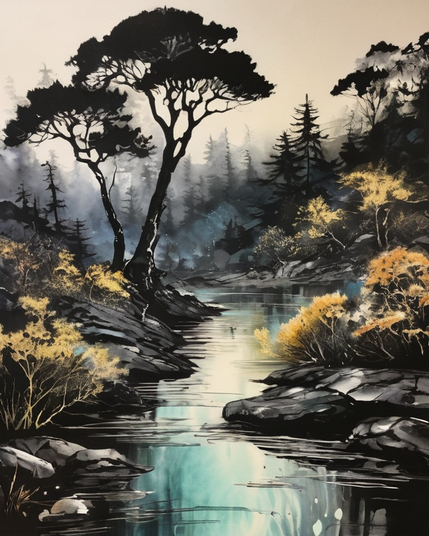 ein ruhiger Fluss fließt durch eine mystische Waldlandschaft. Im Vordergrund spiegeln sich dunkle Felsen und goldene Sträucher im klaren Wasser. Am Ufer stehen hohe, knorrige Bäume mit breiten Kronen, dahinter ragen dunkle Nadelbäume im Nebel auf. Die Szene wirkt verträumt und fast märchenhaft – eine Mischung aus Naturidylle und geheimnisvoller Stille.
