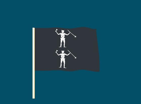 A randomly generated pirate flag. Elements of the flag may include skeletons, skulls, pirates, crossed bones, hourglasses, hearts, and swords.