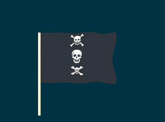 A randomly generated pirate flag. Elements of the flag may include skeletons, skulls, pirates, crossed bones, hourglasses, hearts, and swords.