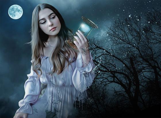 Young woman holding an hourglass over a glowing tree under the moon.