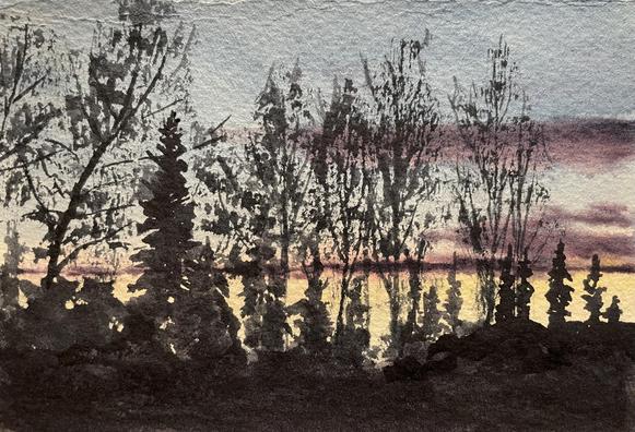 A dense row of tall, slender trees stands in sharp contrast against a softly glowing sky, where the fading light of day stretches low across the horizon, hinting at the quiet stillness of twilight.