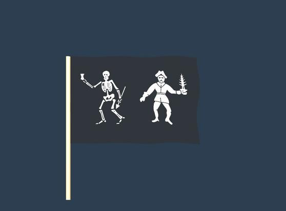 A randomly generated pirate flag. Elements of the flag may include skeletons, skulls, pirates, crossed bones, hourglasses, hearts, and swords.
