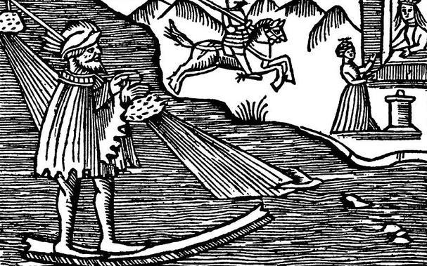 Ollerus traverses the sea on his magic bone. A 16th-century woodcut.