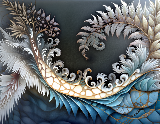 Feathery, lighted vine-like forms, curving in fractal waves, with tones of blue, white, beige, and gold on a dark gray textured background.