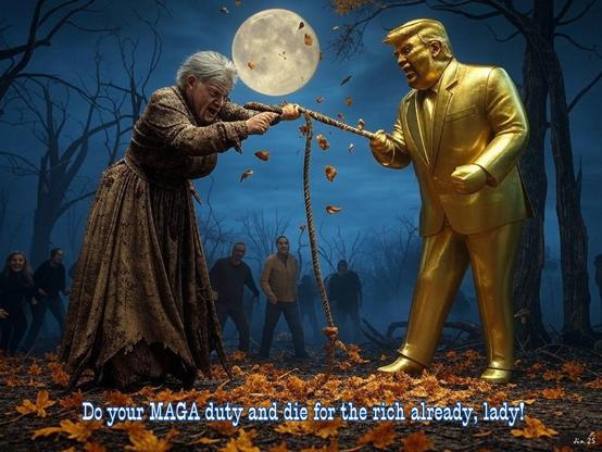 Do your MAGA duty and die for the rich already, lady! (AI assisted cartoon by me)