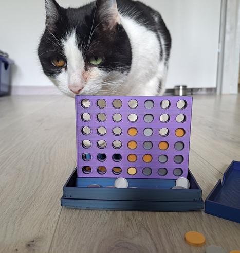 Die Katze im schwarz-weiß kontrolliert den Spielaufbau in violett-blau-schwarz.
Die Spielsteine dieser Reise-Edition von "4 Gewinnt" sind silbern und golden.