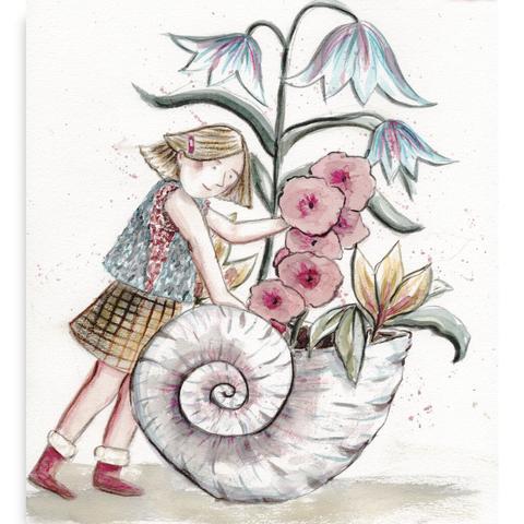 A woman with flowers on a snail's shell.