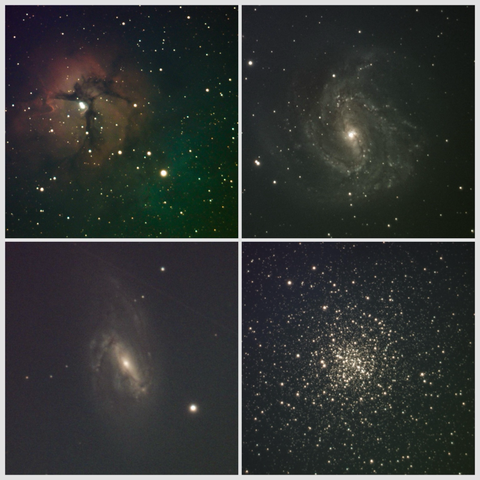Four tile image. Top left shows Trifid nebula - a fluffy red cloud like structure crossed with a dark cloud in the shape of an X. To the power right is diffuse green nebulously. Top right shows a face on spiral galaxy. Bottom left shows a barred spiral that is slightly tilted away from view. Bottom right shows a collection of stars crammed together in a dense, globular like structure.