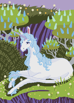 This is a pixel art piece featuring a white unicorn at rest on a mossy hill. The hill she is resting on and the one behind her are covered in dandelions at various life stages. There are lush bushes and two large lilac trees with blue blossoms.