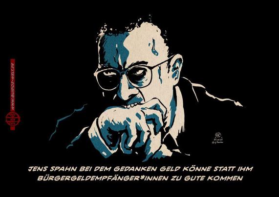 Illustration von Jens Spahn in der Nacht, wie er sich gierzerfressen beim Nachdenken in den Handrücken beißt. Textzeile: Jans Spahn bei dem Gedanken Geld könne statt zu ihm Bürgergeldempfänger*innen zu gute kommen.