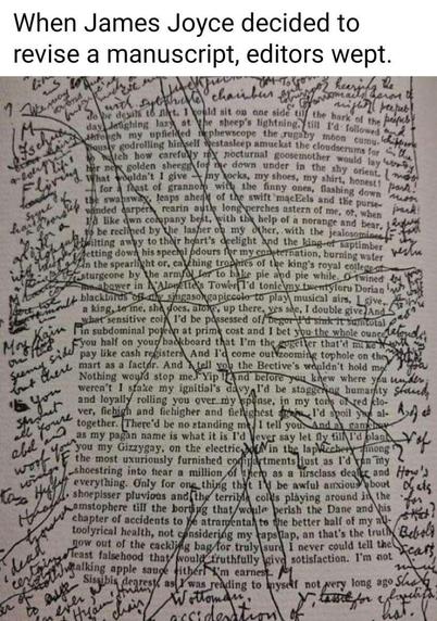 Picture of a bookpage with the margins filled with barely readable scibbles and line being drawn back and fourth over the page.
Caption: When James Joyce decided to revise a manuscrlpt, editors Wept.