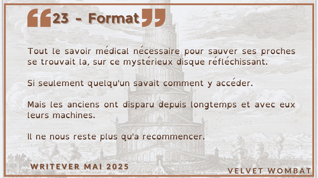 23 - Format
Tout le savoir médical nécessaire pour sauver ses proches se trouvait la, sur ce mystérieux disque réfléchissant.
Si seulement quelqu'un savait comment y accéder.
Mais les anciens ont disparu depuis longtemps et avec eux leurs machines.
Il ne nous reste plus qu'a recommencer.
#Writever