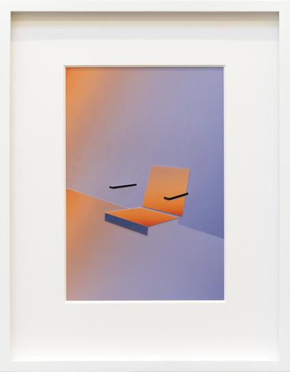 Framed collage of a chair.
The colours are sky colours: Blue, gray and orange.
Not all the components of the chair are visible but you do recognize it as a chair. 
The collages is framed in a white wooden frame and in a Passe partout.