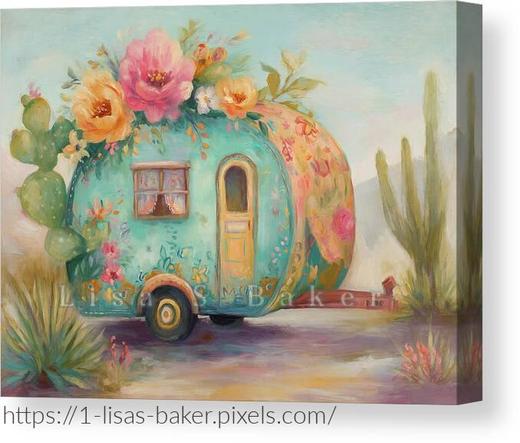 An art print of a whimsical and romantic scene featuring a vintage turquoise trailer adorned with colorful flowers, surrounded by desert cacti and soft pastel skies. Bright pink, coral, and yellow blooms spill over the trailer’s roof, blending rustic charm with botanical beauty to evoke a sense of adventure, wanderlust, and serene desert vibes. Art by Lisa S Baker