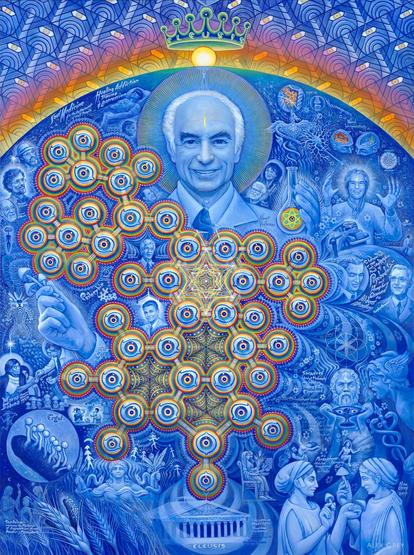 The image depicts a compilation of figures, including Albert Hofmann and Timothy Leary, surrounded by a complex network of eyes and molecular structures. A rainbow arcs overhead, crowned by a radiant sun.