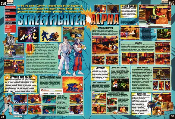 Big review for the incredible Street Fighter Alpha on PSone as well as Sega Saturn.
Taken from CVG 173 - April 1996 (UK)

score: 96%
