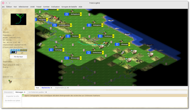 🕶️ A view of the UI (desktop version) with, on the main part, a bird's-eye view showing a partial view of the map (fog of war). At the top of the interface is the menu, on the left are information areas, a button to end the tour and a map reduction, and at the bottom of the screen are tabs with a chat area, messages, ...

📚️ Freeciv is a libre, multi-platform, single-player / multi-player (local / online, with or without IAs), turn-based strategy (4X) & empire building game offering different types of gameplay (it is modular, the rules are modifiable) including that of Civilization I & II: the game starts in prehistory, the objective is the supremacy over the other protagonists, leading its civilization from the Stone Age to that of the Space Age, or to be the first to lead its settlers on the Alpha Centauri planet. An HTML version called Freeciv-web (see the entry on our site) allows the game via the browser without prior registration.
