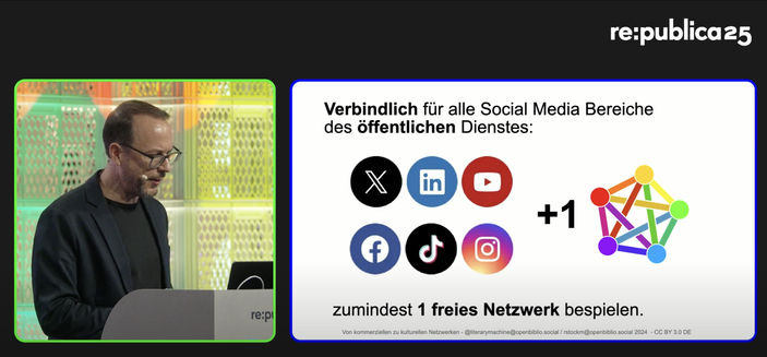 Slide von der re:publica25 mit Markus Beckedahl und einer Folie von mir mit Social Network Icons