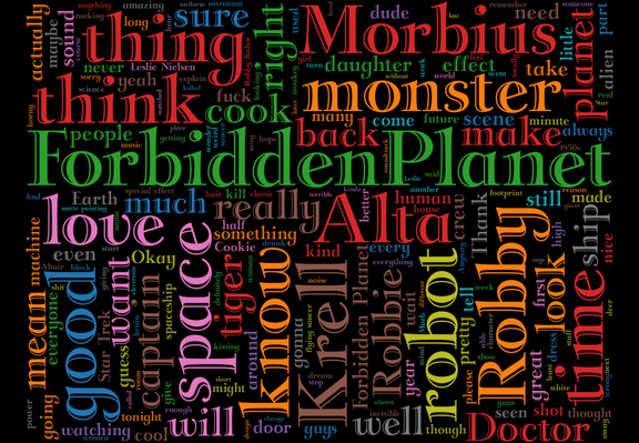 The word cloud for Sunday, 25 May 2025. Words are larger the more frequently they appeared in posts.
There were 7799 unique words posted, and the wordcloud shows the 200 most frequent.
Top 10 most frequent words were:
forbiddenplanet: 658, space: 127, robot: 119, monster: 86, krell: 84, planet: 83, good: 81, time: 80, robby: 74, morbius: 73, 
These words were excluded from the word cloud: 
movie, movies, film, films, watch, forbiddenplanet1956, theforbiddenplanet, one, now, and the hashtag monsterdon.