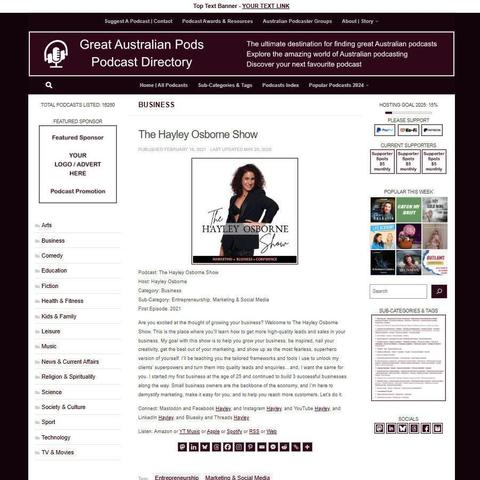 The Hayley Osborne Show
Screenshot of the podcast listing on the Great Australian Pods website