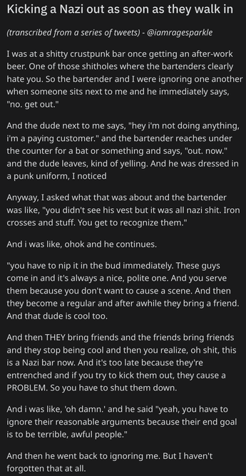A description of a story where a Nazi sits at a bar and is chased out by the grumpy bar tender because once a Nazi is welcome at your bar, it's a Nazi bar