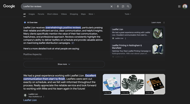 A screenshot of an AI Overview in Google for a search about the reviews of a business.