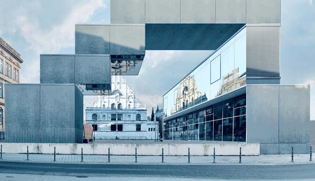 Die Fotomontage eines in Einzelteile zerlegte moderne graue Fassade eines Gebäudes, die neu angeordnet eine Treppe bilden. In den Unterseiten der Elemente spiegelt sich die verschnörkelte Fassade eines weißen Gebäudes.