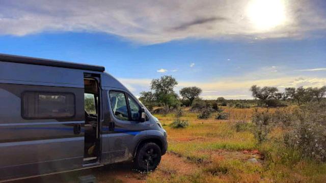 A grey camper van at Bubulcus & Bolotas, in the open countryside under a bright sun and expansive sky. Wild grasses and scattered trees stretch into the distance, evoking a sense of freedom and connection with nature.