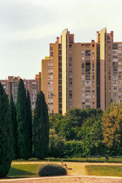 In this serene outdoor scene, an individual is seated on a bench within a park setting. Tall buildings loom in the background, contrasting with the lush greenery of the trees in the foreground. The person appears to be enjoying a moment of solitude in Split, Croatia.