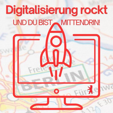 Grafik eines Monitors mit aufsteigender Rakete und Text: Digitalisierung rockt - und Du bist mittendrin!