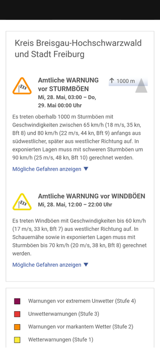 Warntext des Deutschen Wetterdienstes für Stadt Freiburg und Kreis Breisgau Hochschwarzwald vor Wind- und Sturmböen.

Warnung gültig heute, bis 22:00 Uhr