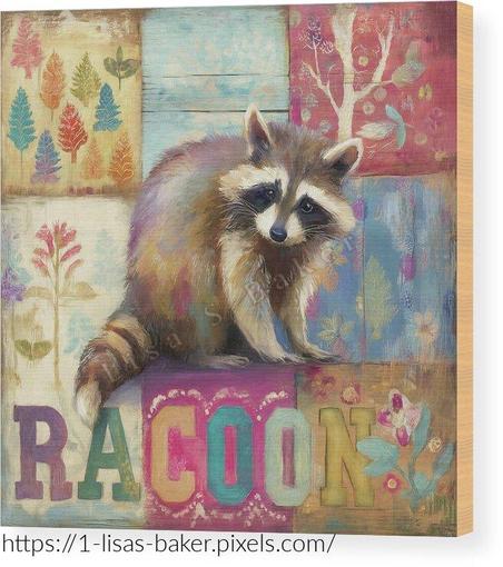 Playful artwork featuring an adorable raccoon surrounded by colorful patchwork patterns, floral designs, and painted leaves. The background is filled with textured, decorative elements, and the word “RACCOON” appears at the bottom in a lively mix of colors and fonts, adding a fun, artistic flair. Art by Lisa S Baker.