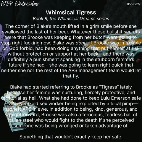 A black background with two figures dressed in black holding stacks of cash with a snippet from Whimsical Tigress, book 8 of the Whimsical Dreams series, for WIP Wednesday on 05/28/25.