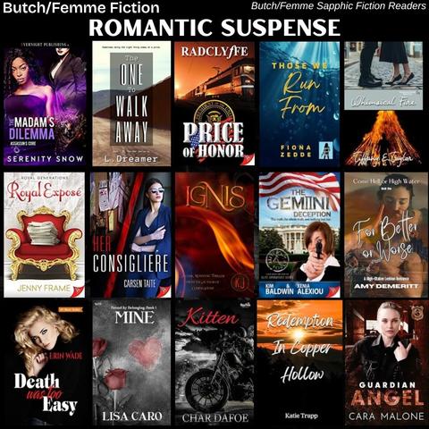 Book covers of 15 butch/femme fiction Romantic Suspense genre books for 05/28/25.