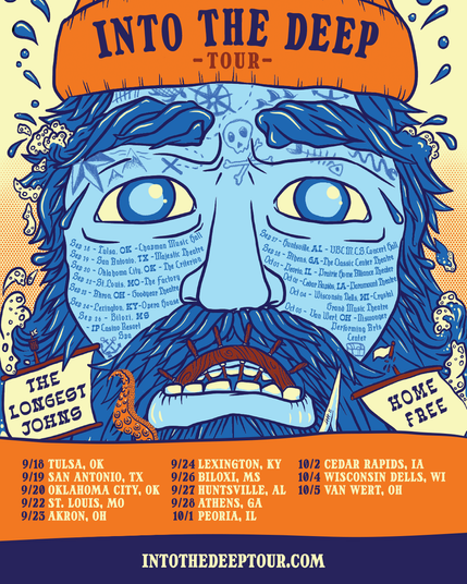 A striking tour poster for Into The Deep, a tour from The Longest Johns and Home Free.
It shows a stylised drawing of a distraught sailor's face, wearing an orange cap. His face is a cold blue hue, with hair and beard in darker blue, turning into waves and water as they progress down his face. Jutting out from the lower jaw in his open grimace of a mouth is a wooden ship's wheel. His face is scrawled with nautical tattoos (a compass, mountains, skull and crossbones, anchor, etc.) and across both his cheeks are the tour dates and venues.