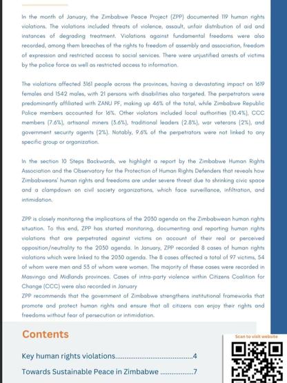 An extract from a report by the Zimbabwe Peace Project, detailing human rights violations. Mostly accounted for by specific political actors and affiliates