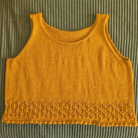 A goldenrod colored tank top with a lace and bubble border at the bottom of the body against a striped green background