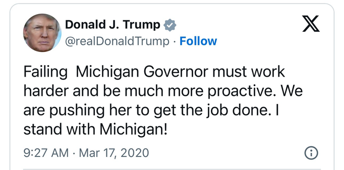 March 17 2020 Trump attacks Whitmer over COVID regulations