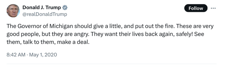 May 1 2020 Trump defends Michigan militia members who took over State Capitol building.